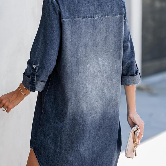 Women's Denim Shirt Dress Long Sleeve Casual Mini Distressed V Neck - Picture 2 of 8